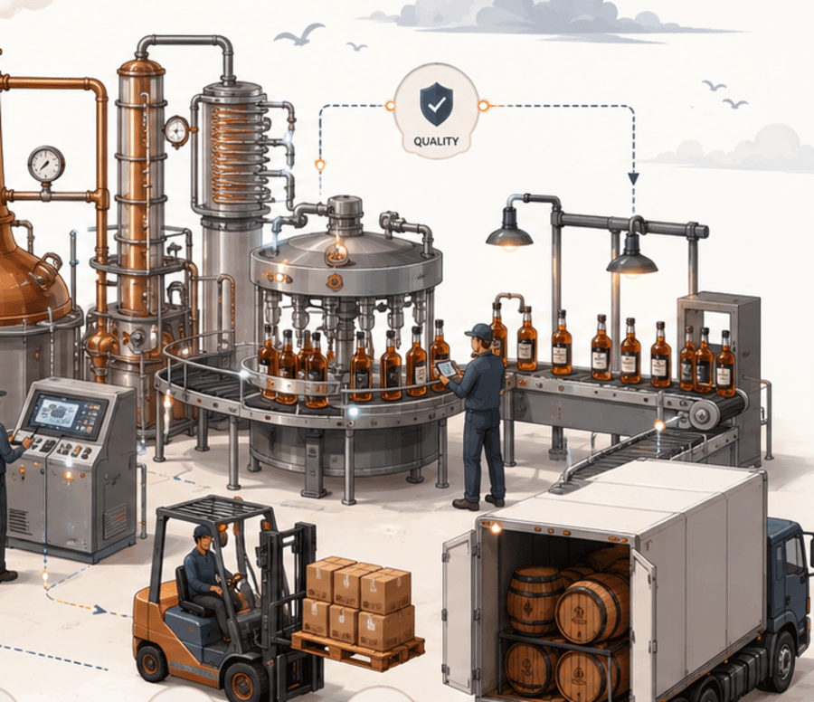 Automated filling and bottling line, quality checks, and outbound shipping.
