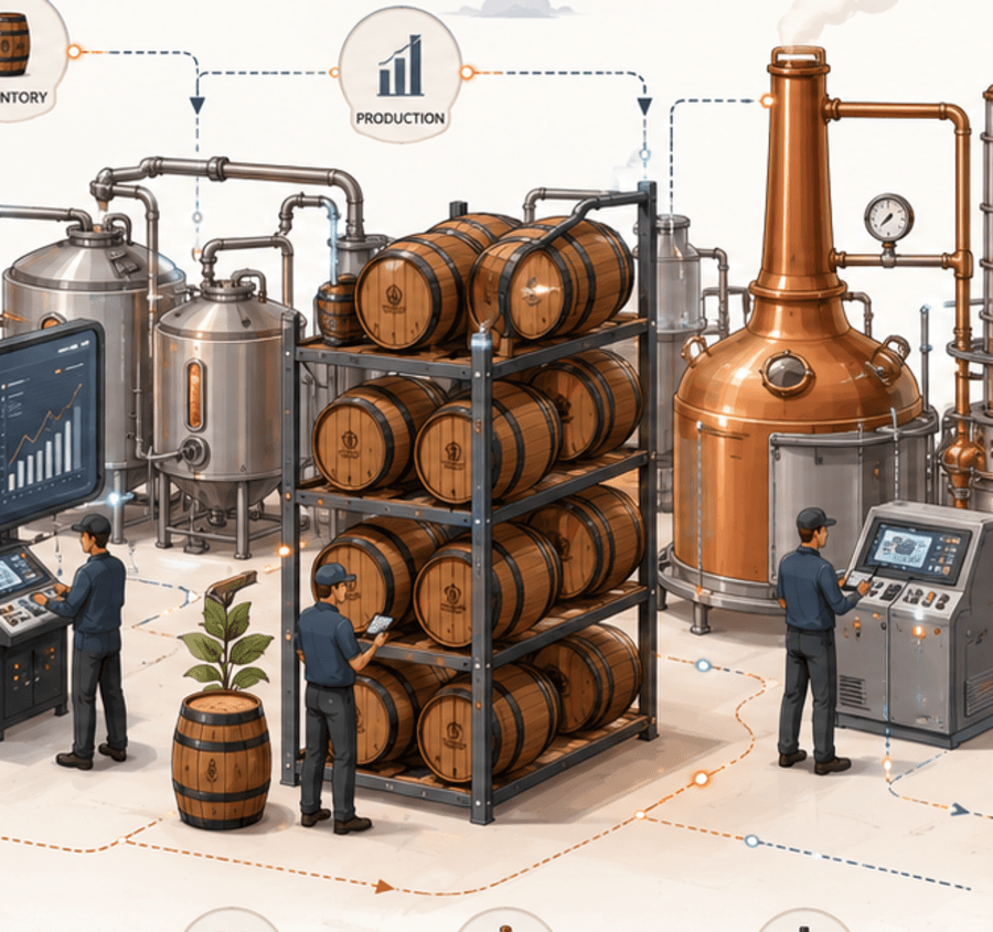 Fermentation tanks, copper stills, aging barrels, and a live production dashboard.